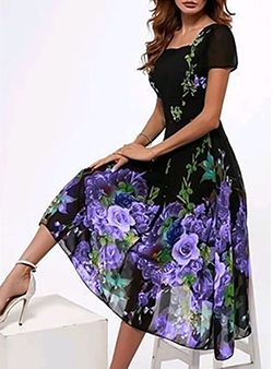WMNS Floral Print Base Maxi Length Dress - Sheer Short Sleeves